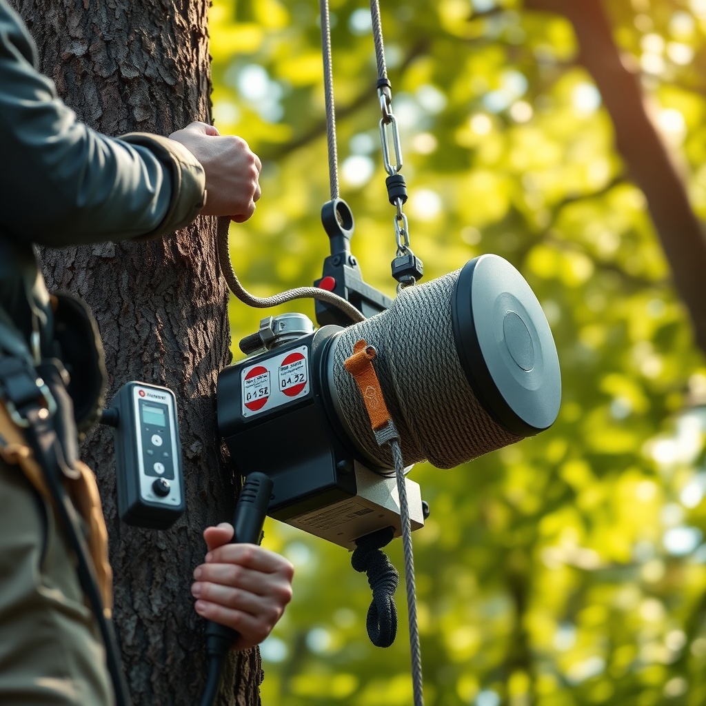 A close-up of the Hass system´s winch motor and rope drum mounted on a tree trunk