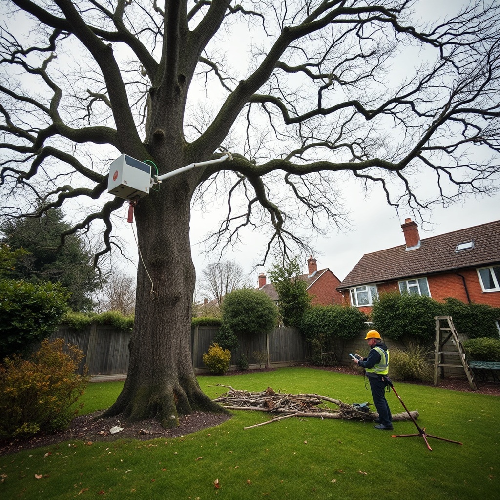 A photorealistic wide shot of a storm-damaged oak tree in a UK residential garden
