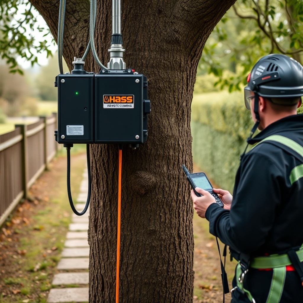 A photorealistic close-up shot of the Hass Remote Tree Climbing System unit clamped around