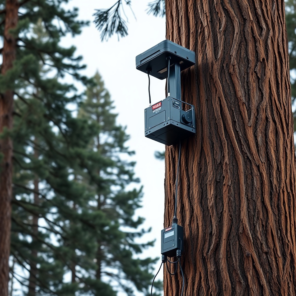 A clean photorealistic photo of the Hass Remote Tree Climbing System mounted on a tall pin