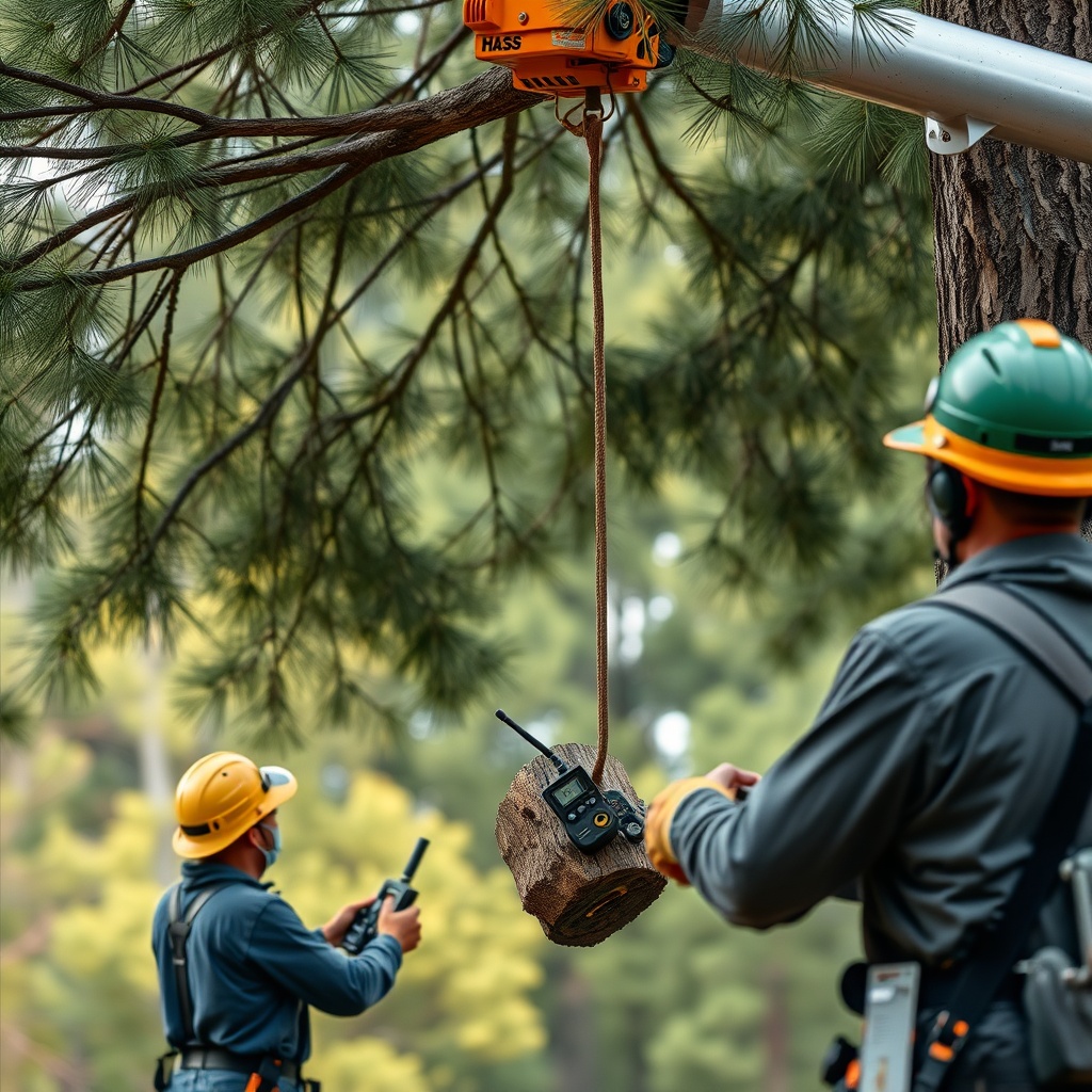 A clean photorealistic photo of a Hass Remote Tree Climbing System lowering a large pine l