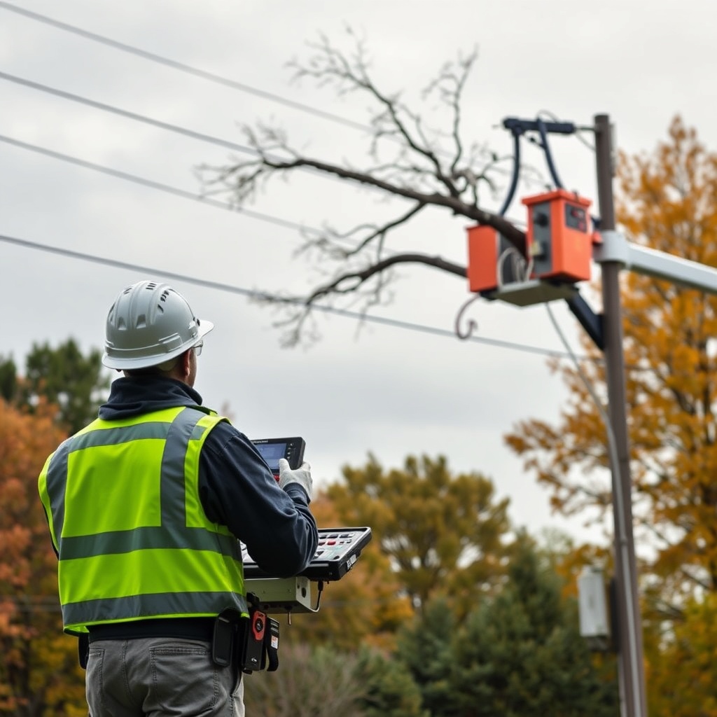 <photorealistic photo of a Hass Remote Tree Climbing System operator standing at a safe di