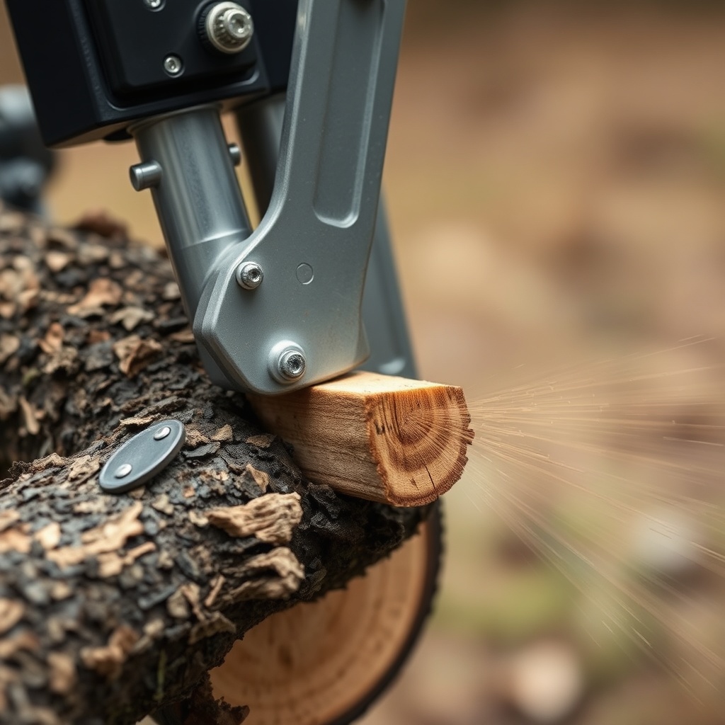 <photorealistic close-up photo of the Hass system's cutting head engaged on a thick branch