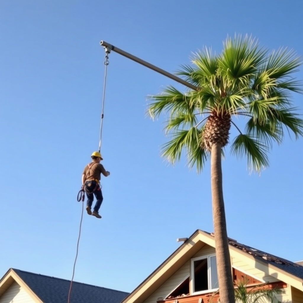A photorealistic scene of a palm tree leaning against a damaged house after a hurricane