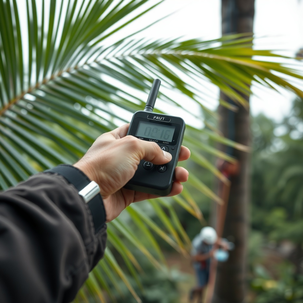 A close-up photorealistic shot of a remote control unit in an arborist's hand