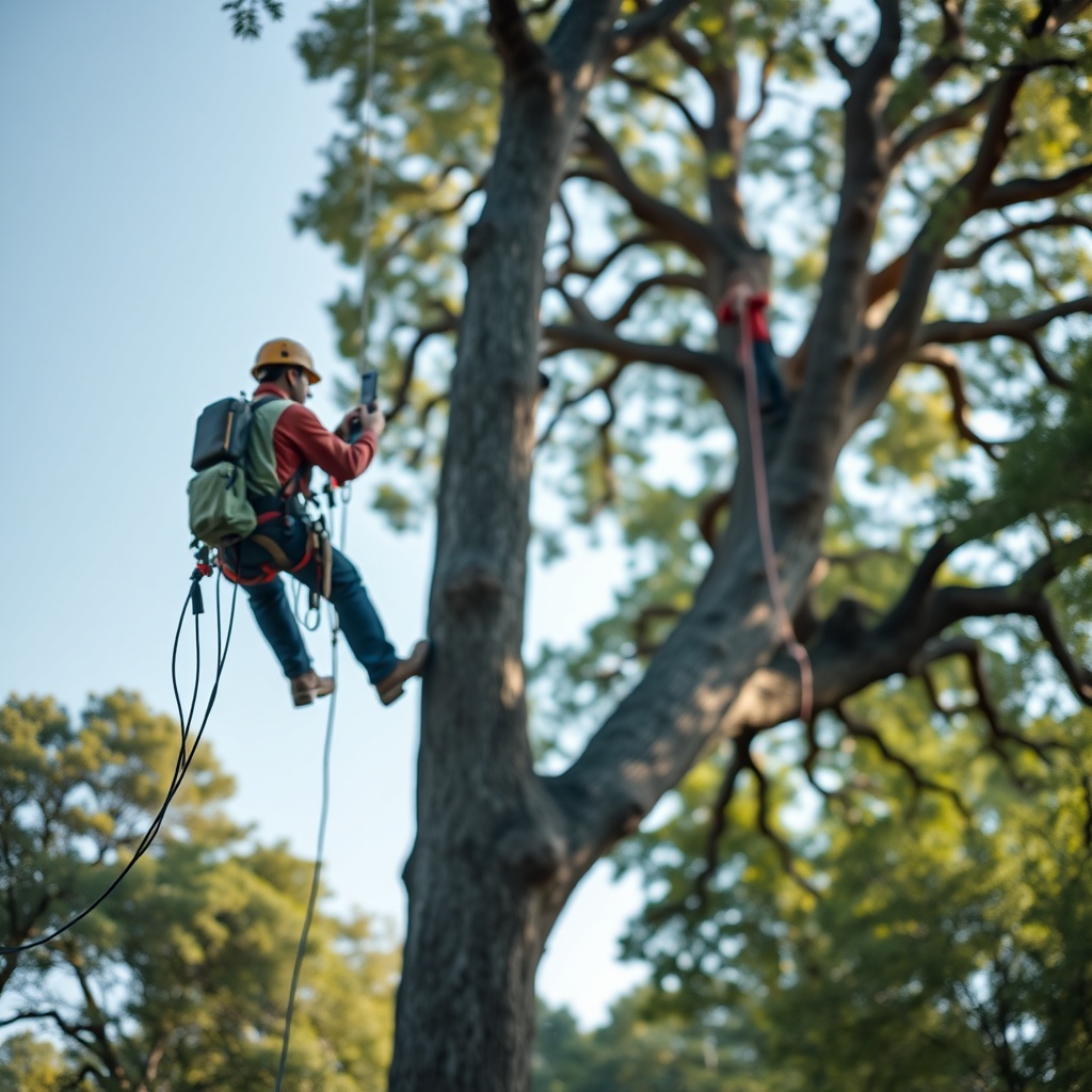<clean photorealistic photo of an arborist using a remote control device on the ground