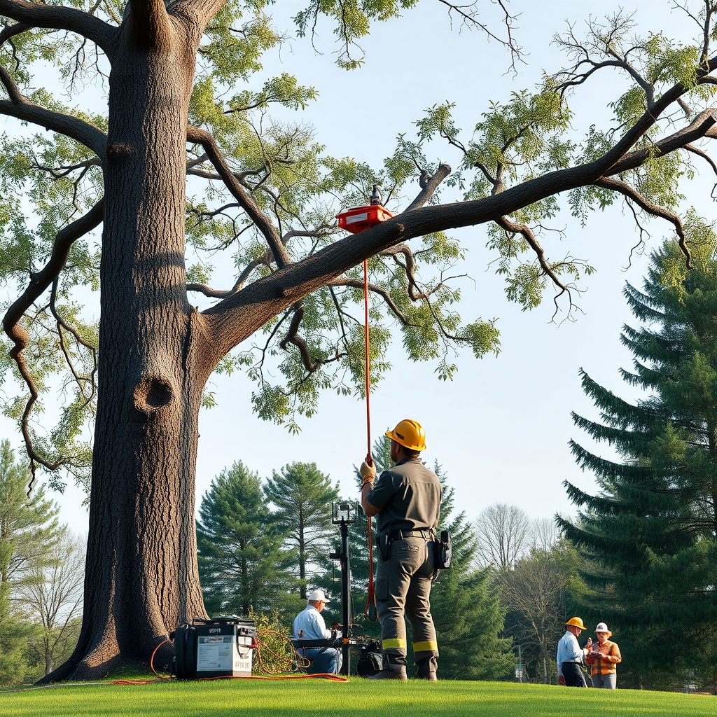 <clean photorealistic photo of a tree with a limb being lowered from the Hass system