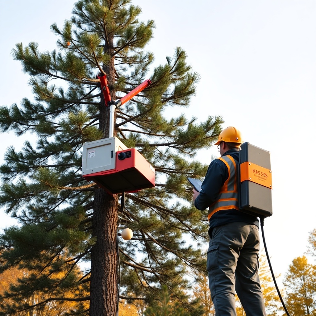 A photorealistic photo of a Hass Remote Tree Climbing System attached to a tall pine tree
