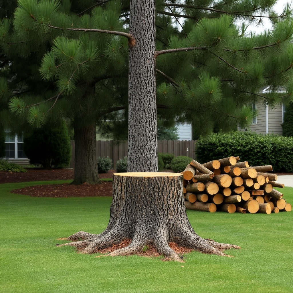 A photorealistic photo of a pine tree after partial removal using the Hass system