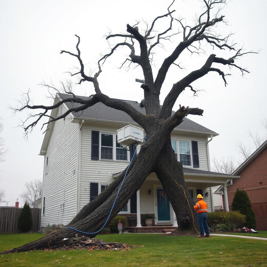 A photorealistic photo of a storm-damaged oak tree leaning against a two-storey house