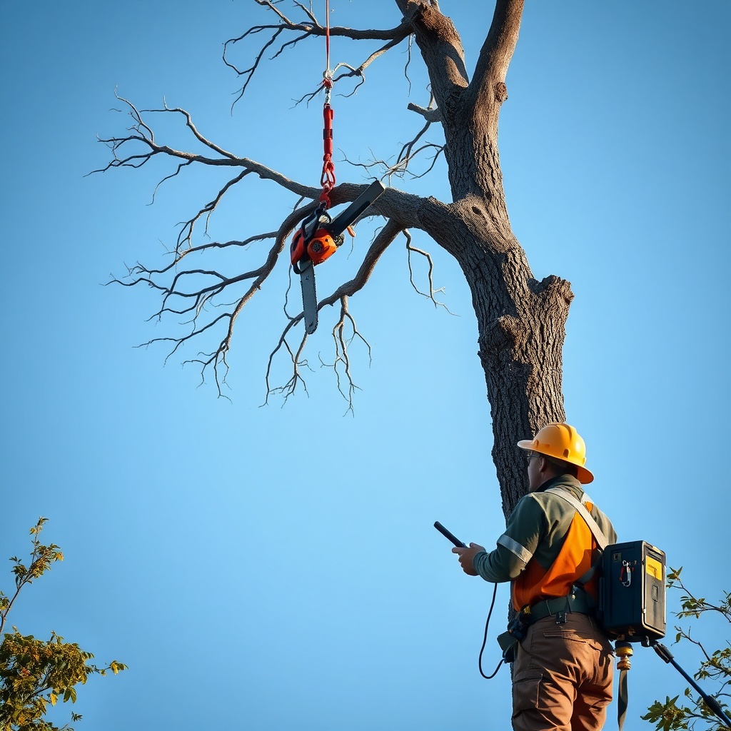 A photorealistic photo of an arborist standing safely on the ground