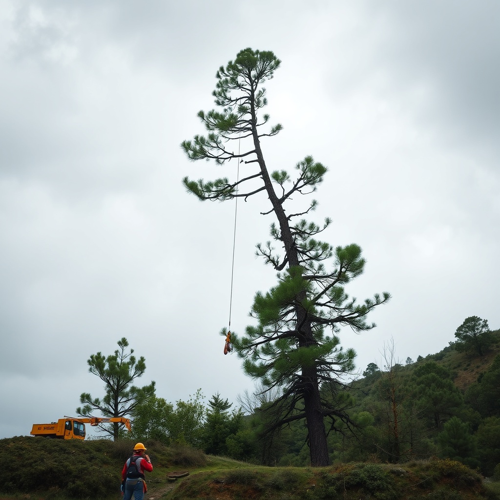 A photorealistic photo of a Hass Remote Tree Climbing System lifting a chainsaw into a lea