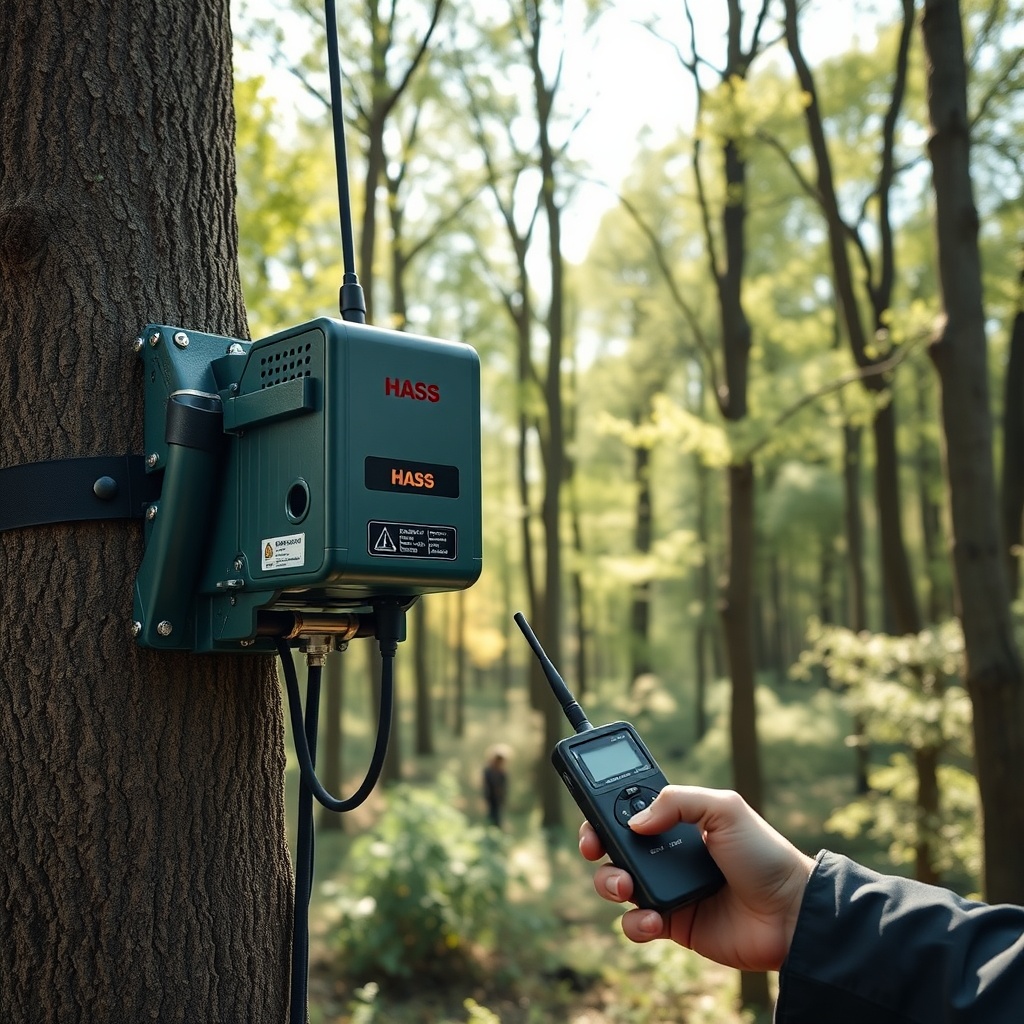 <photorealistic photo of a Hass Remote Tree Climbing System unit attached to a tree trunk