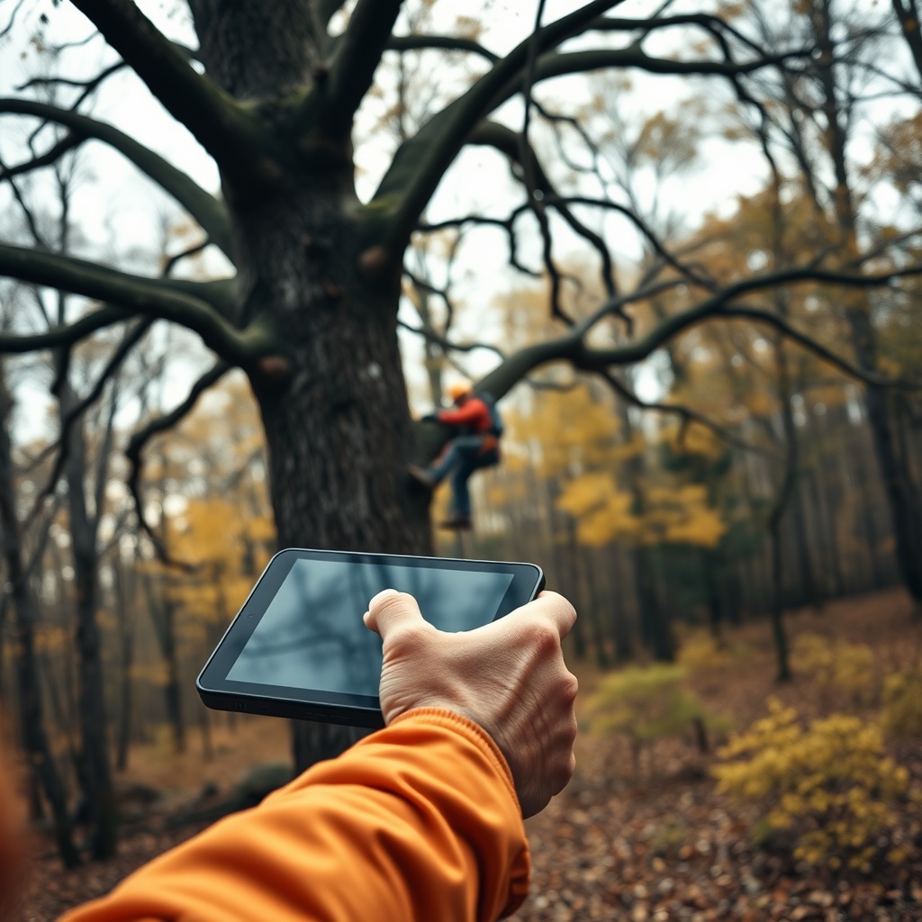 <photorealistic close-up of an arborist using a tablet-like remote control with joystick