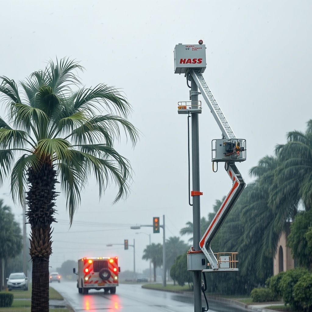 A clean photorealistic photo of a Hass Remote Tree Climbing System in use during a rainy