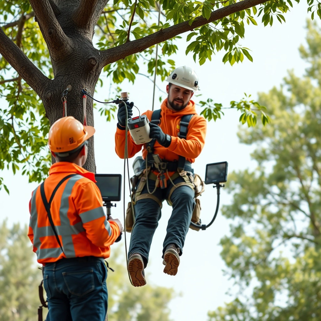 A clean photorealistic photo of an arborist operating the Hass Remote System from a safe g