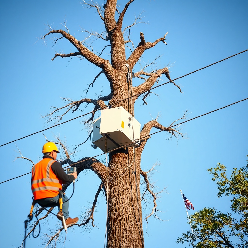 <A clean photorealistic photo of a Hass Remote Tree Climbing System mounted on a large oak