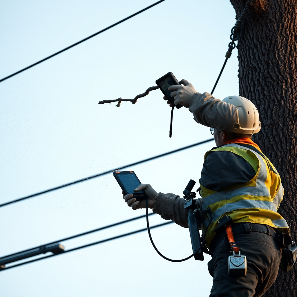 <A photorealistic image of an arborist using a remote control to operate the Hass system o