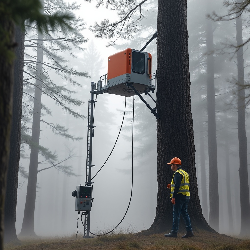 A photorealistic photo showing a Hass Remote Tree Climbing System attached to the base of