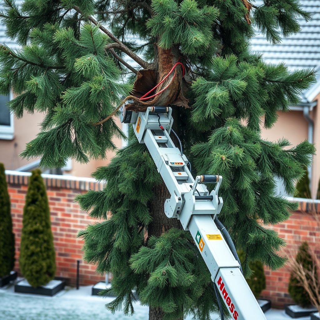 A photorealistic photo of a Hass Remote Tree Climbing System operating on a damaged Norway