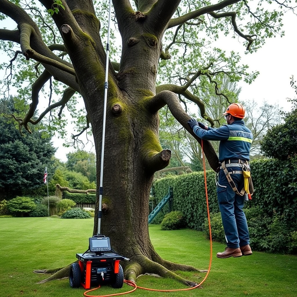 <A photorealistic photo showing an arborist using the Hass Remote Tree Climbing System to