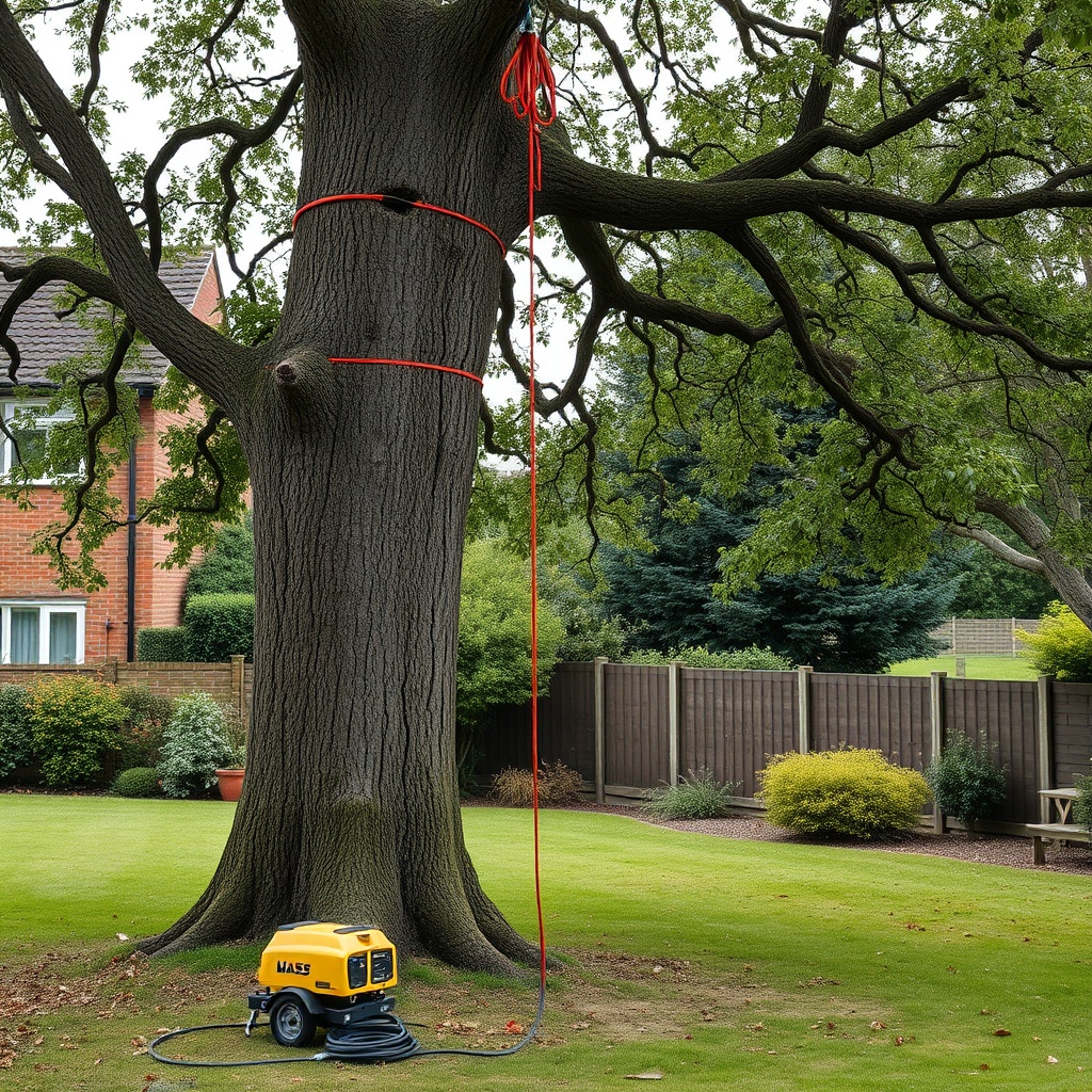 <A photorealistic photo of an oak tree being dismantled section by section using the Hass