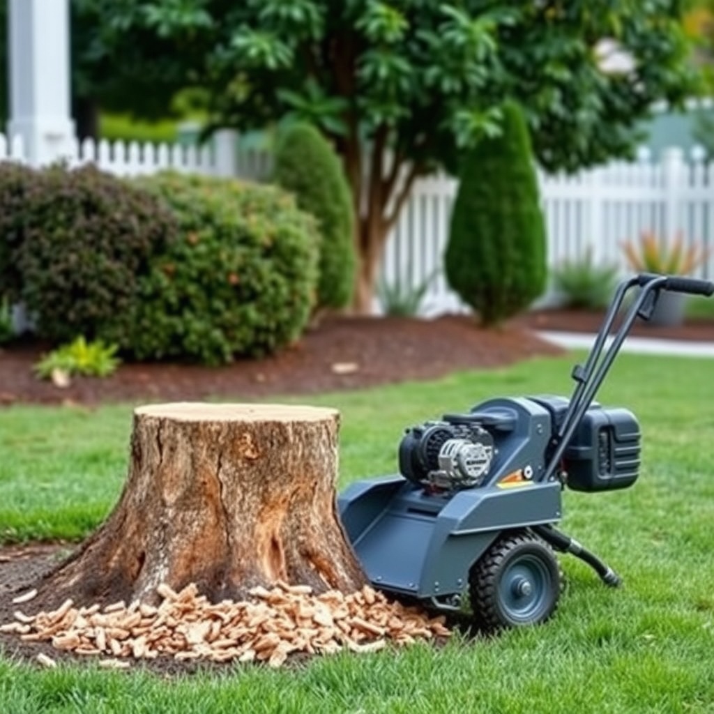 A photorealistic image showing a stump grinder positioned next to a freshly cut tree stump