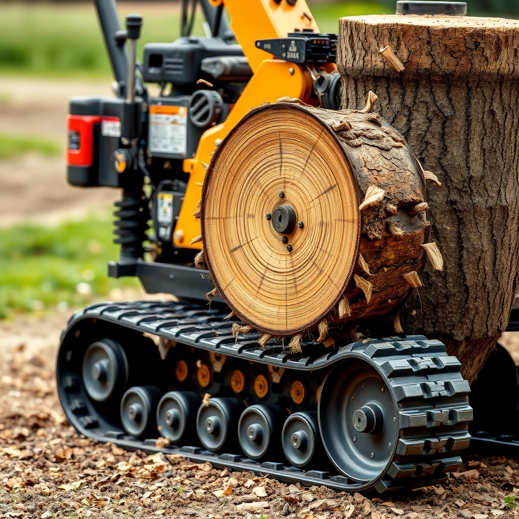 A photorealistic image of a tracked stump grinder in operation