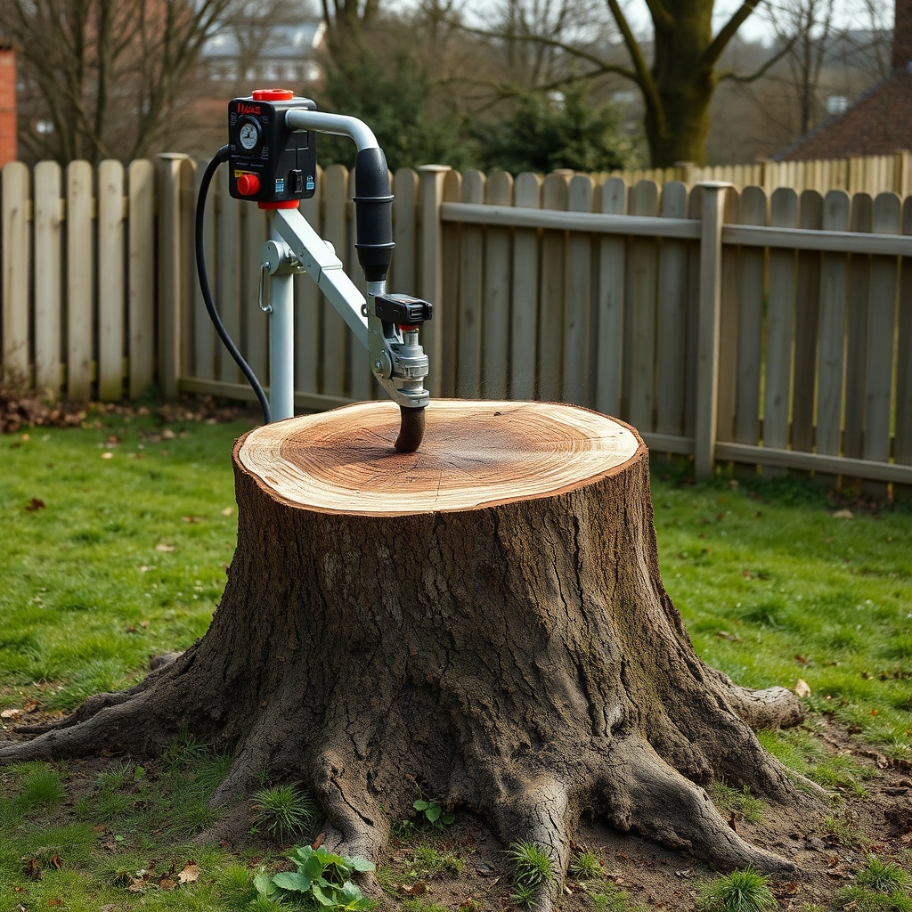 <clean photorealistic photo showing a Hass Remote Tree Climbing System grinding a large oa