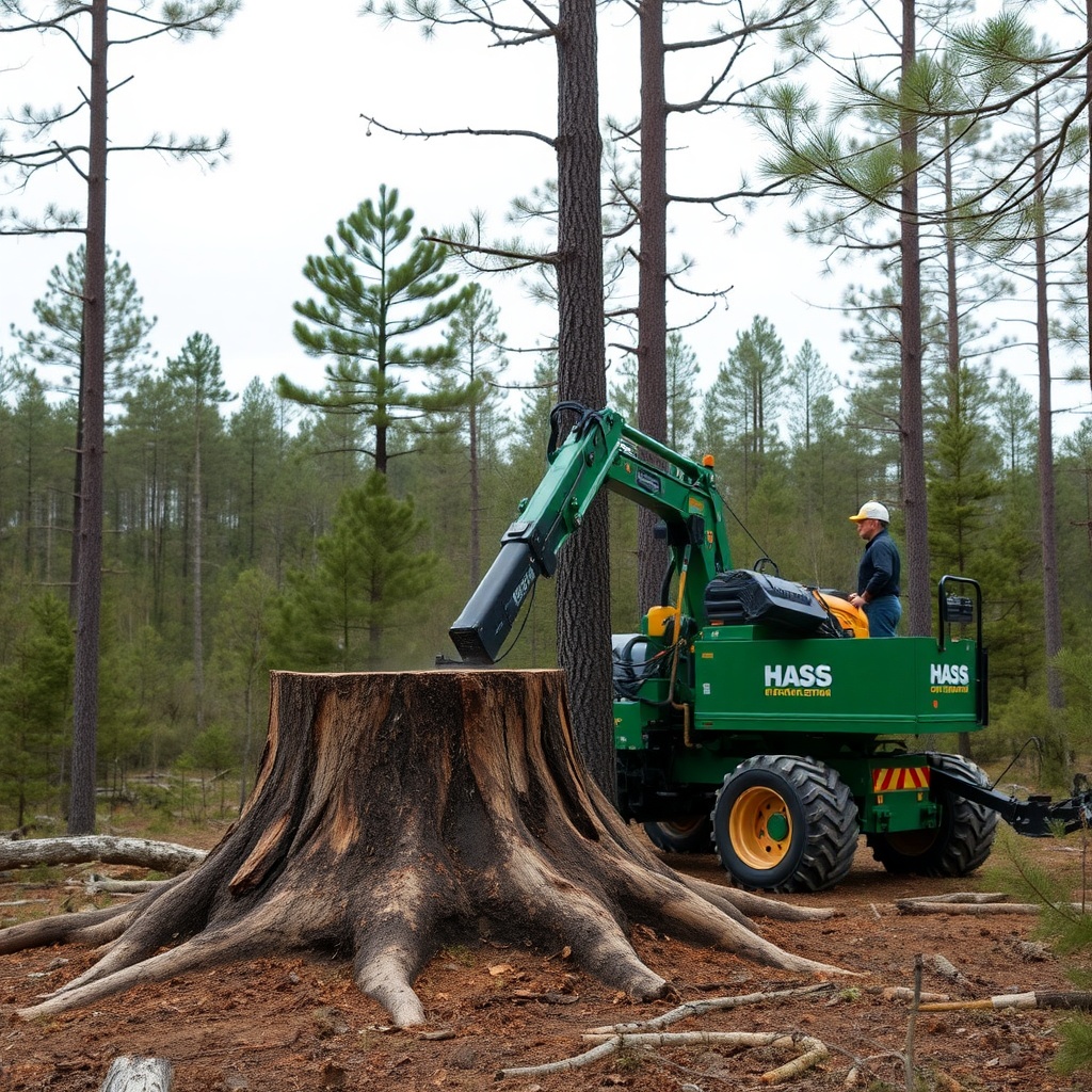 <clean photorealistic photo showing a Hass Remote Tree Climbing System in action grinding
