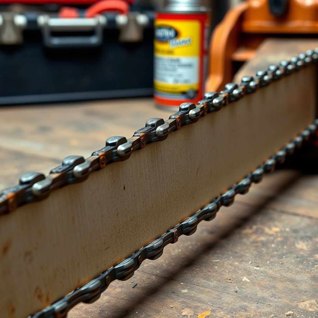 A photorealistic close-up of a worn chainsaw bar and chain lying on a workbench