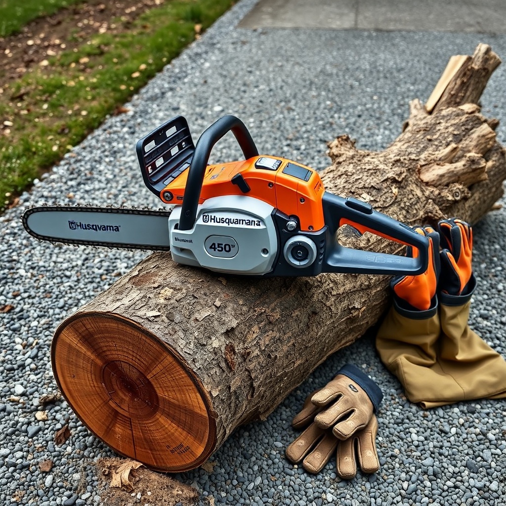A photorealistic image of a Husqvarna 450 chainsaw resting on a freshly cut 16-inch diamet