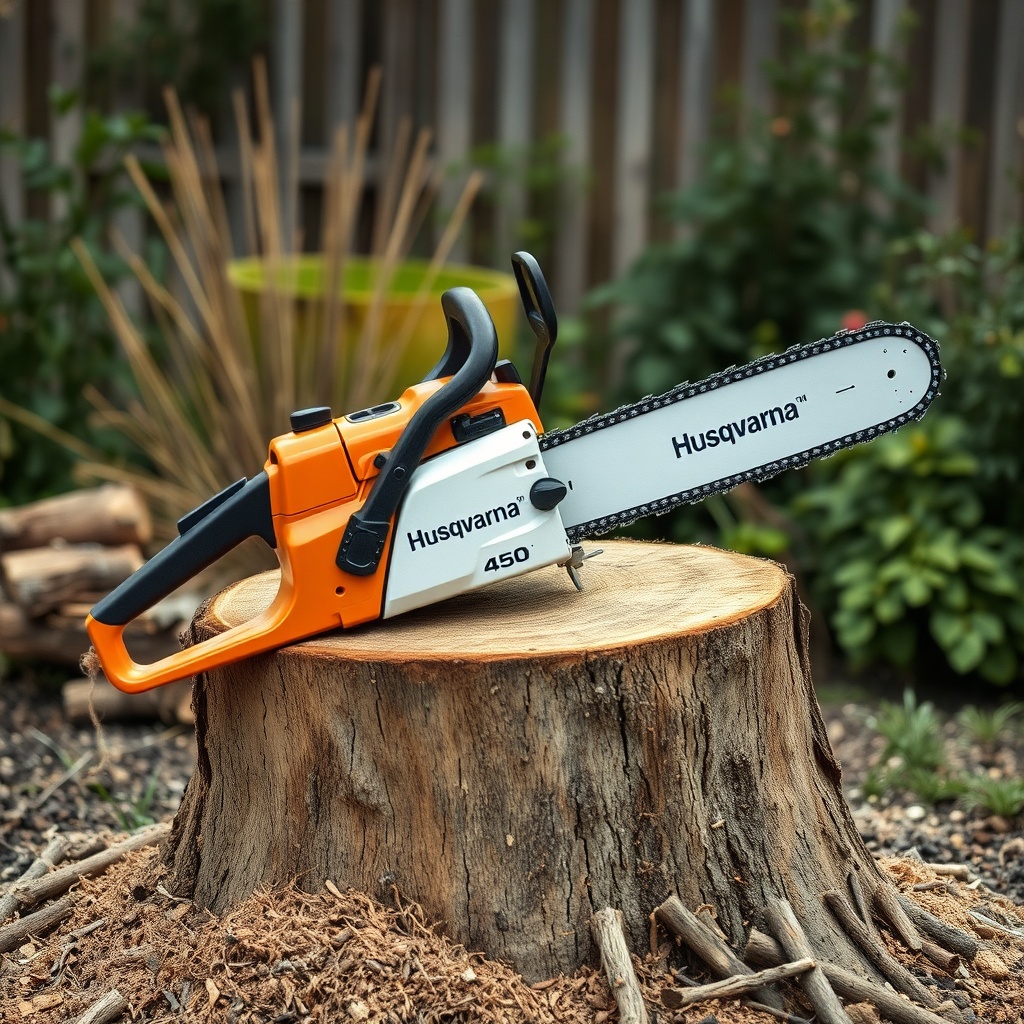 A clean photorealistic photo of a Husqvarna 450 chainsaw resting on a freshly cut oak stum