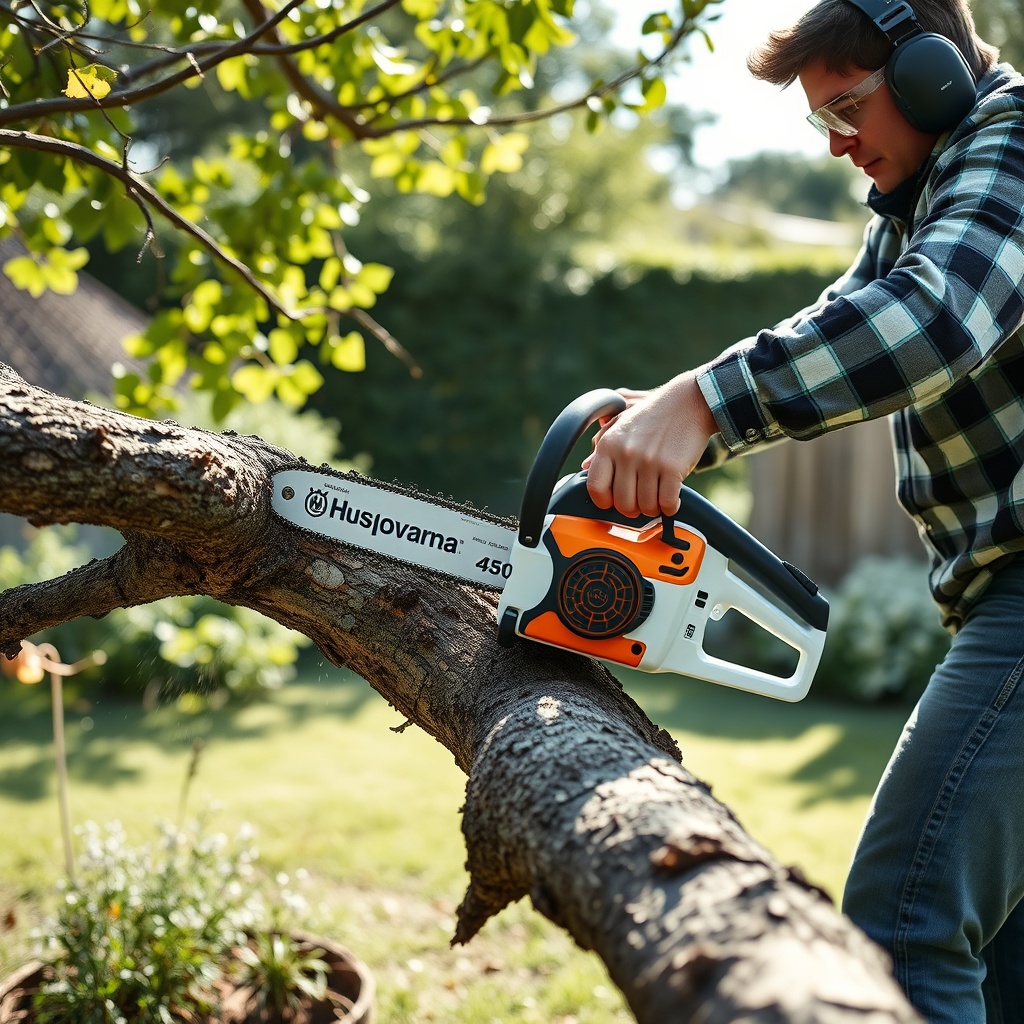 A clean photorealistic photo of a person using a Husqvarna 450 to cut a thick oak limb