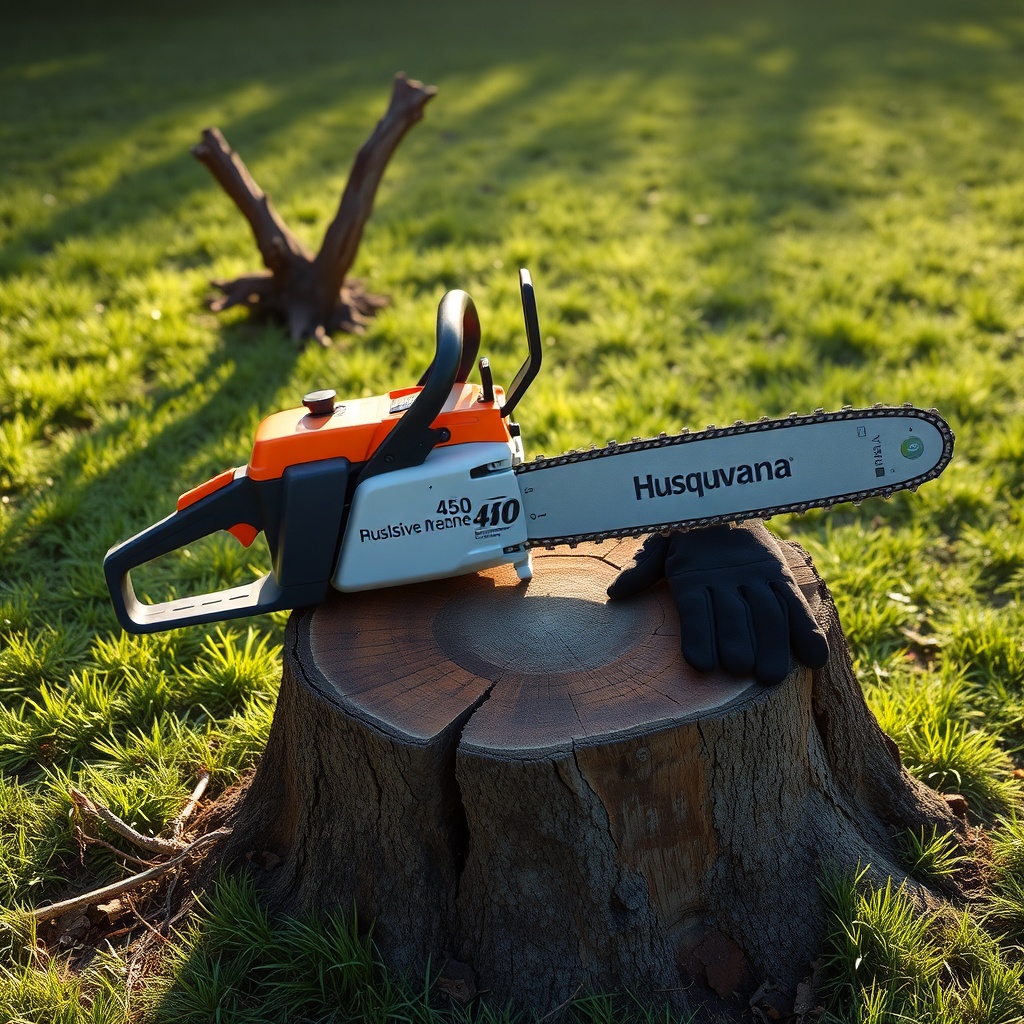 A color photo of a Husqvarna 450 chainsaw resting on a freshly cut stump in a grassy backy