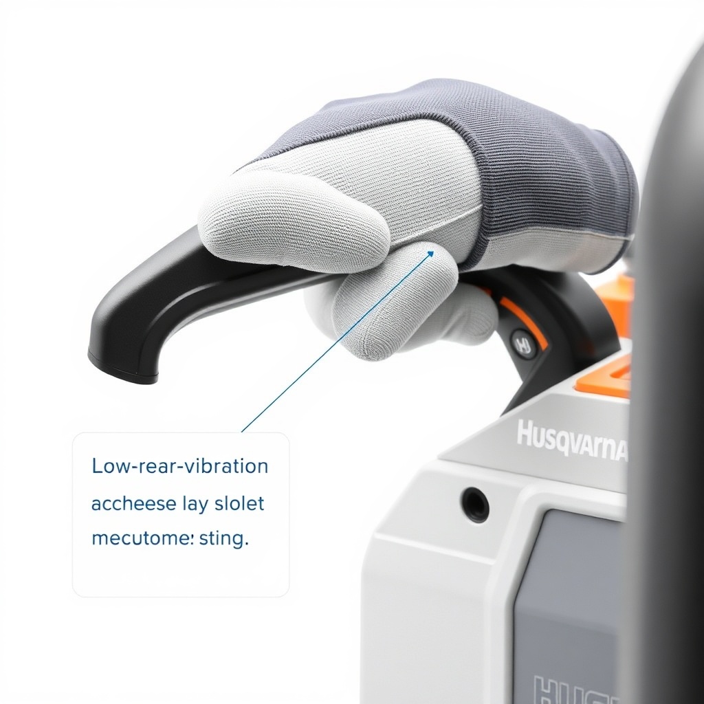 A straightforward illustration showing a gloved hand holding the rear handle of a Husqvarn