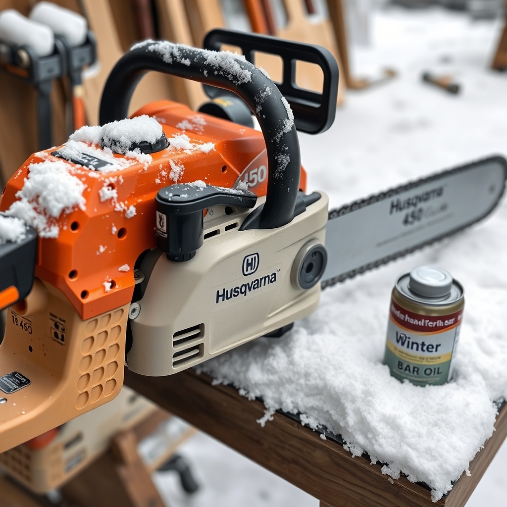 close-up of a Husqvarna 450 chainsaw with a clear bar and chain