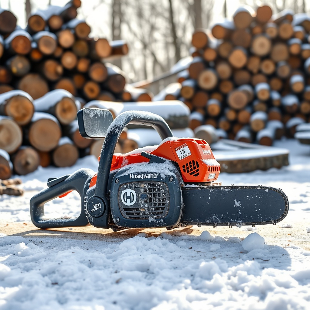 a Husqvarna 450 sawdust-covered on a snowy driveway