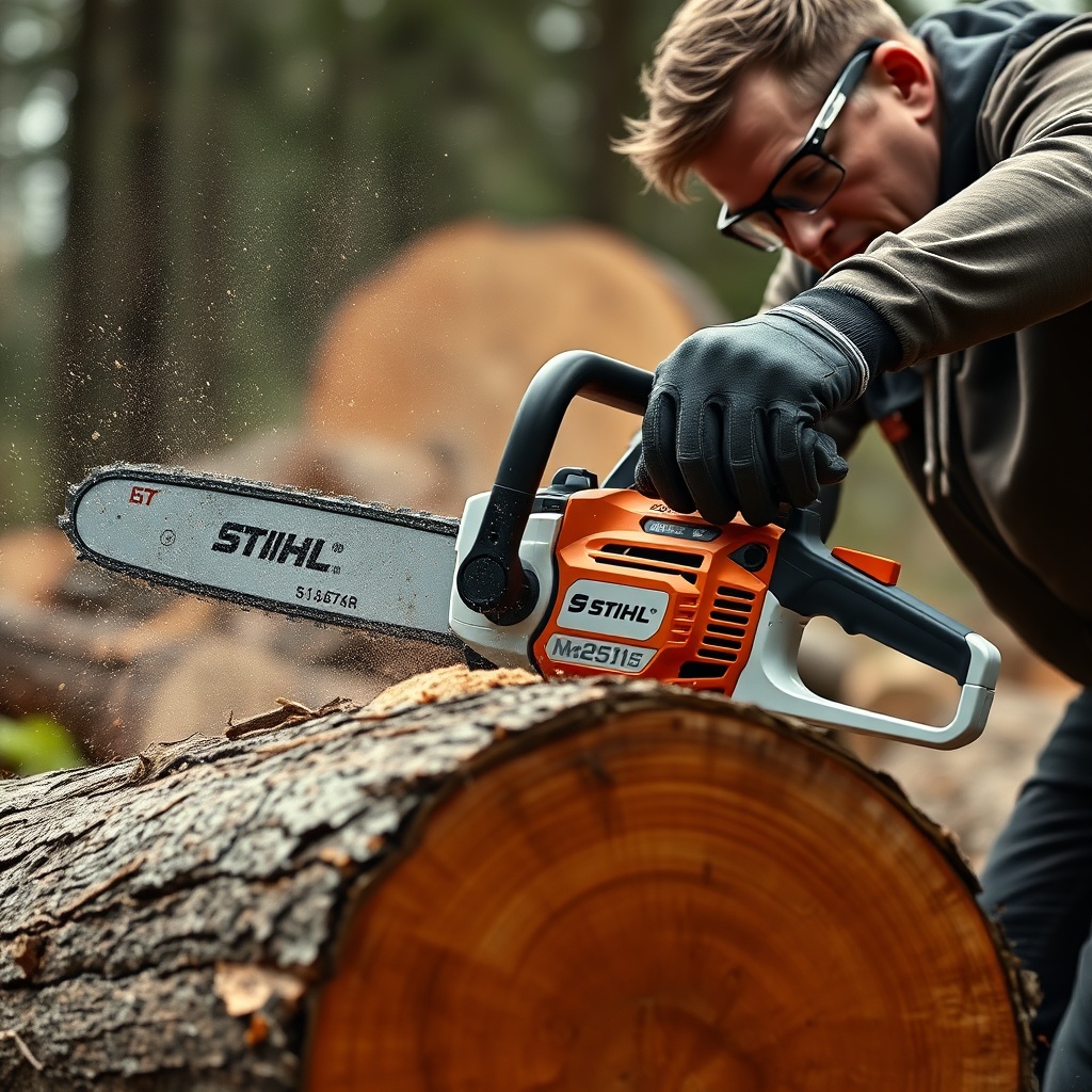 <clean photorealistic photo of a Stihl MS 251 cutting through a medium-sized hardwood log
