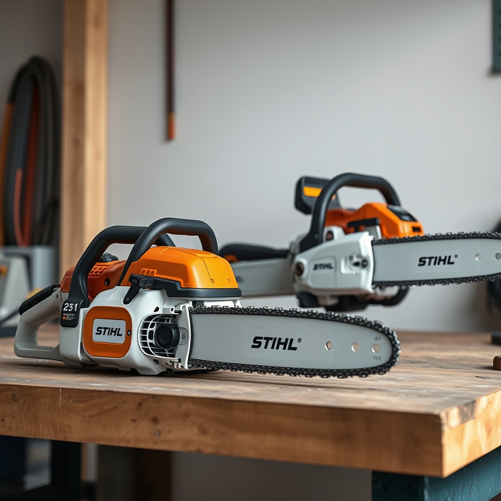 <clean photorealistic photo of a Stihl MS 251 next to a larger professional Stihl chainsaw