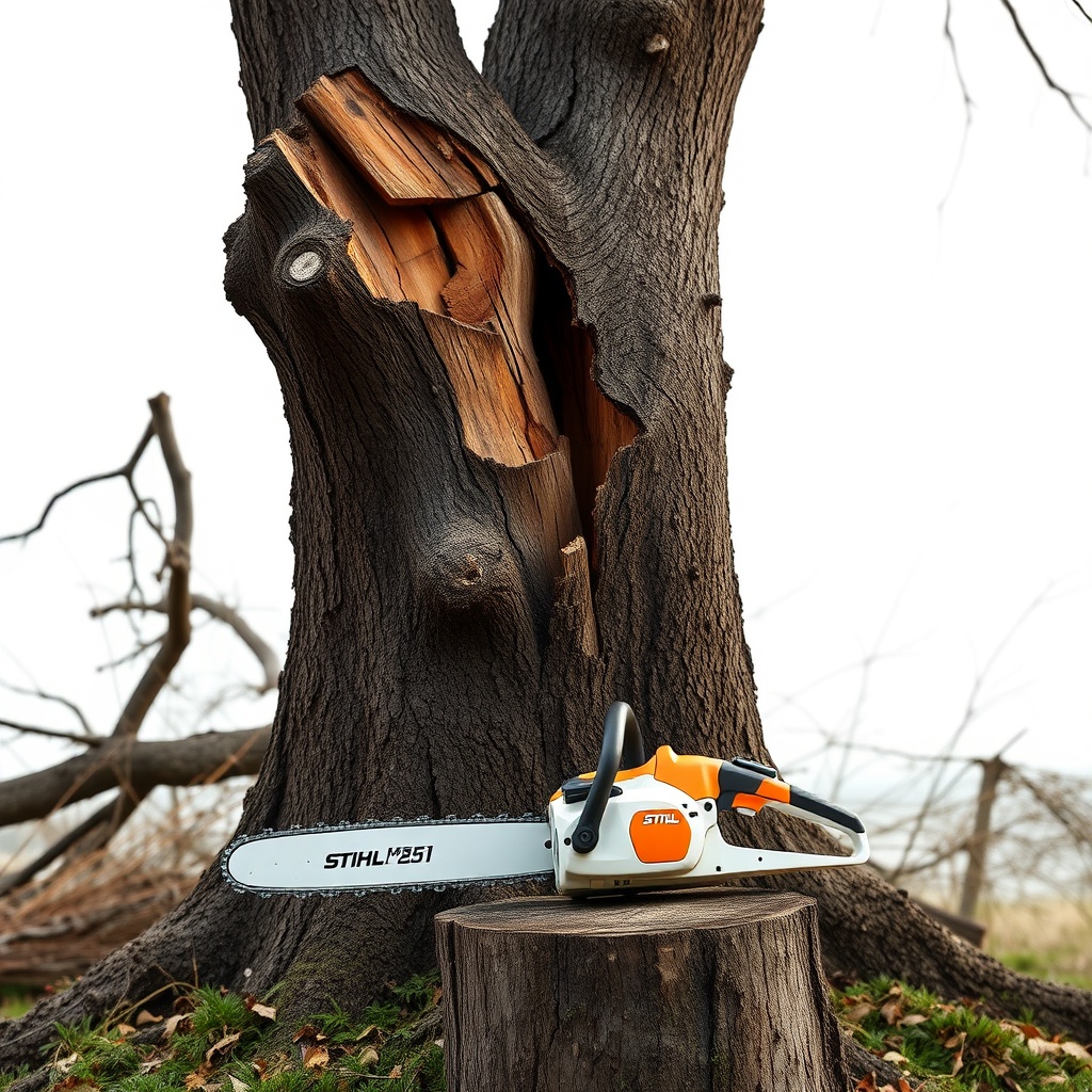 A photorealistic photo of a storm-damaged tree with a broken trunk leaning at 45 degrees