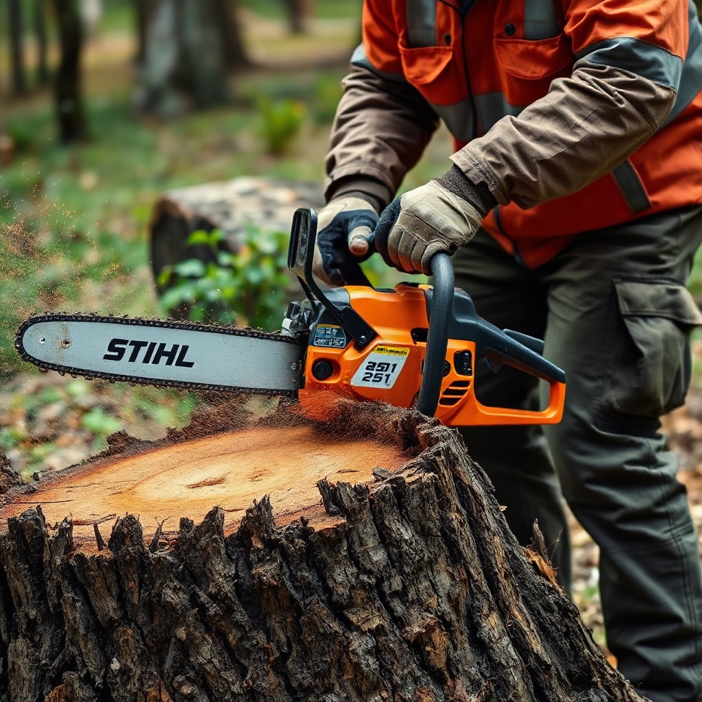 A photorealistic photo of a Stihl MS 251 chainsaw cutting into a partially uprooted tree t