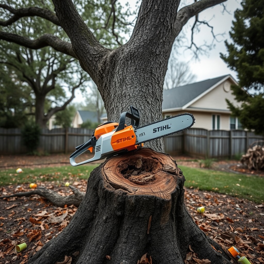 A photorealistic photo of a Stihl MS 251 resting on a storm-damaged oak tree