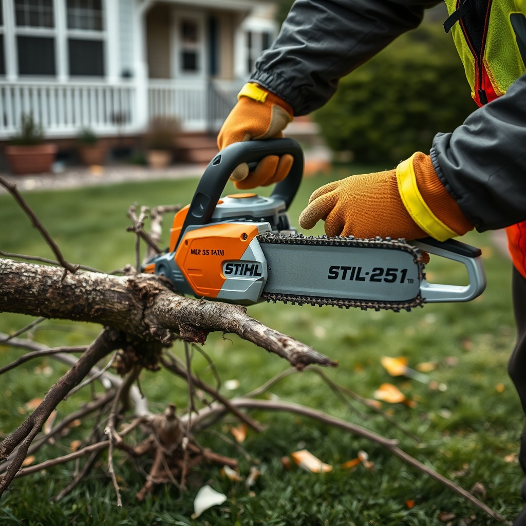 A photorealistic photo of a Stihl MS 251 being used by a gloved person in safety gear to c