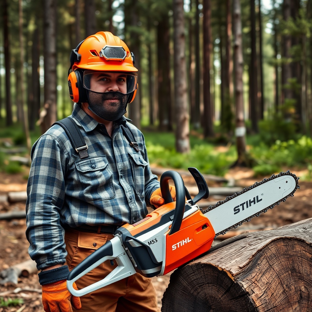A person wearing a full-face forestry helmet with mesh visor