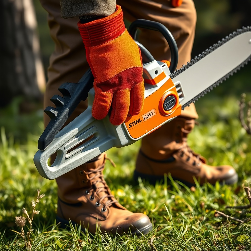 A close-up of a handsaw operator wearing orange cut-resistant gloves with reinforced palm