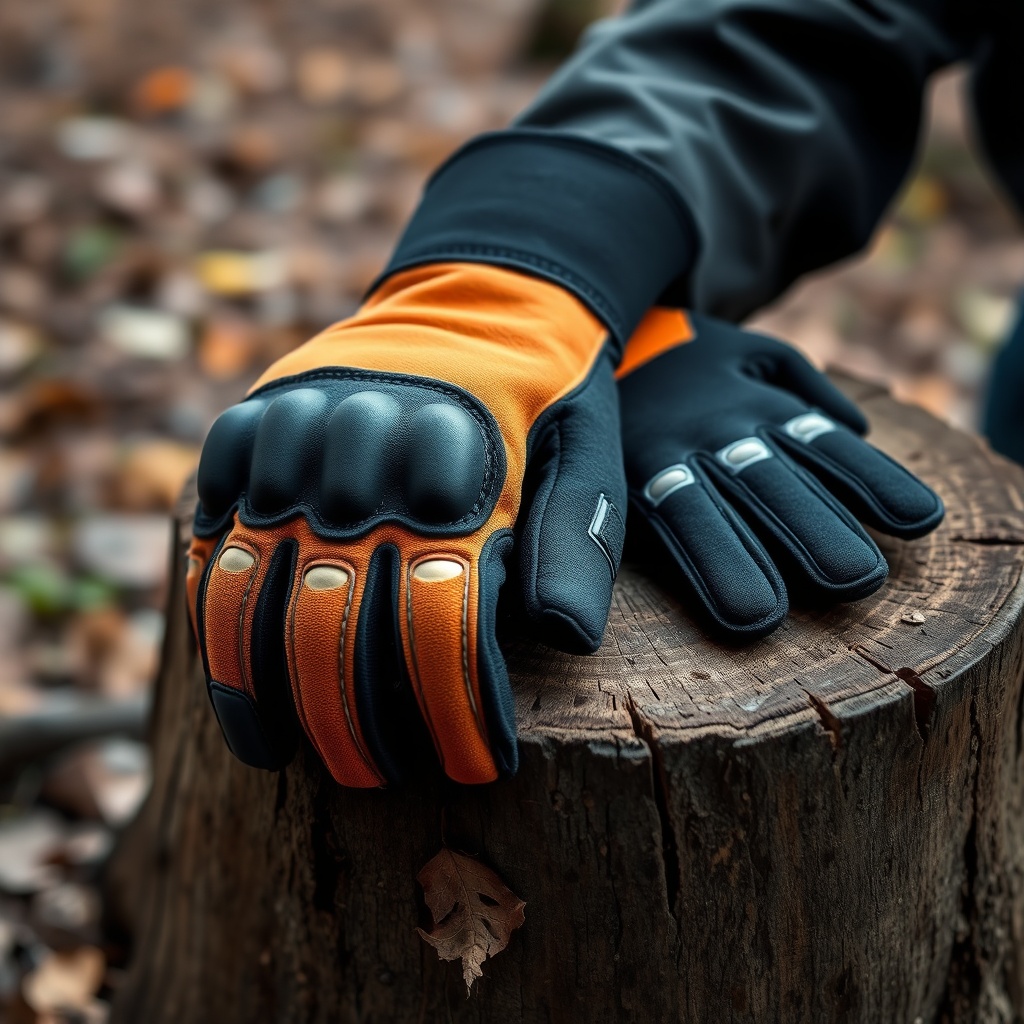 A photorealistic close-up of a right-hand and left-hand chainsaw glove lying on a wooden s
