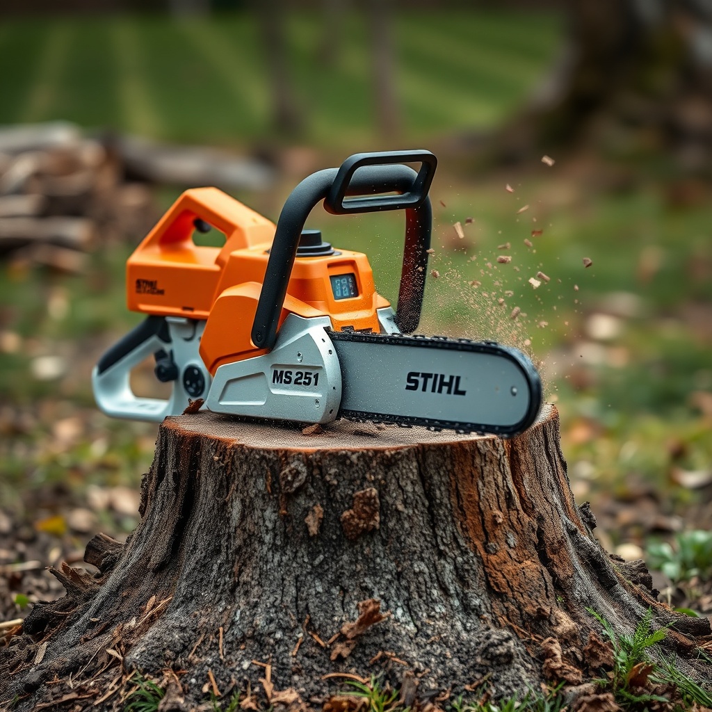 <clean photorealistic photo of Stihl MS 251 cutting a low stump with wood chips flying