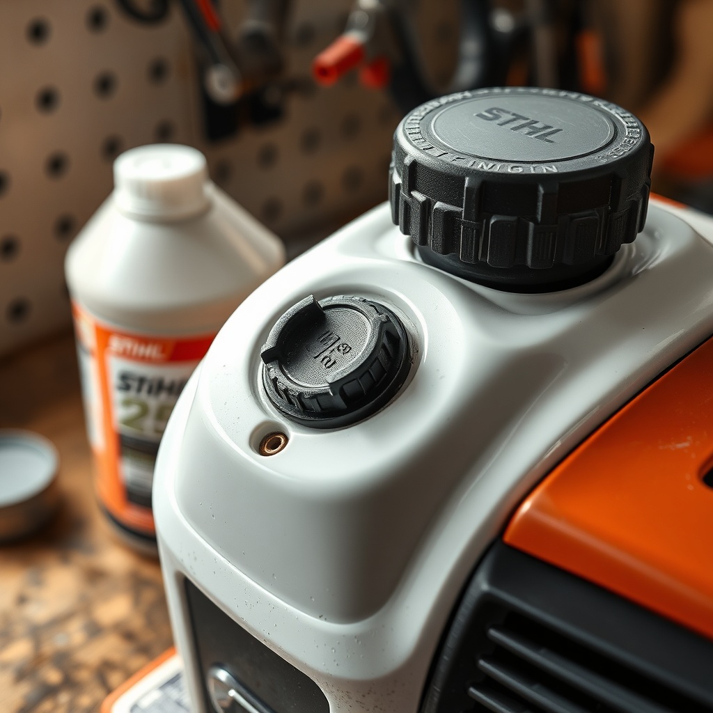 A photorealistic close-up of a Stihl MS 251 fuel tank cap and bar oil cap