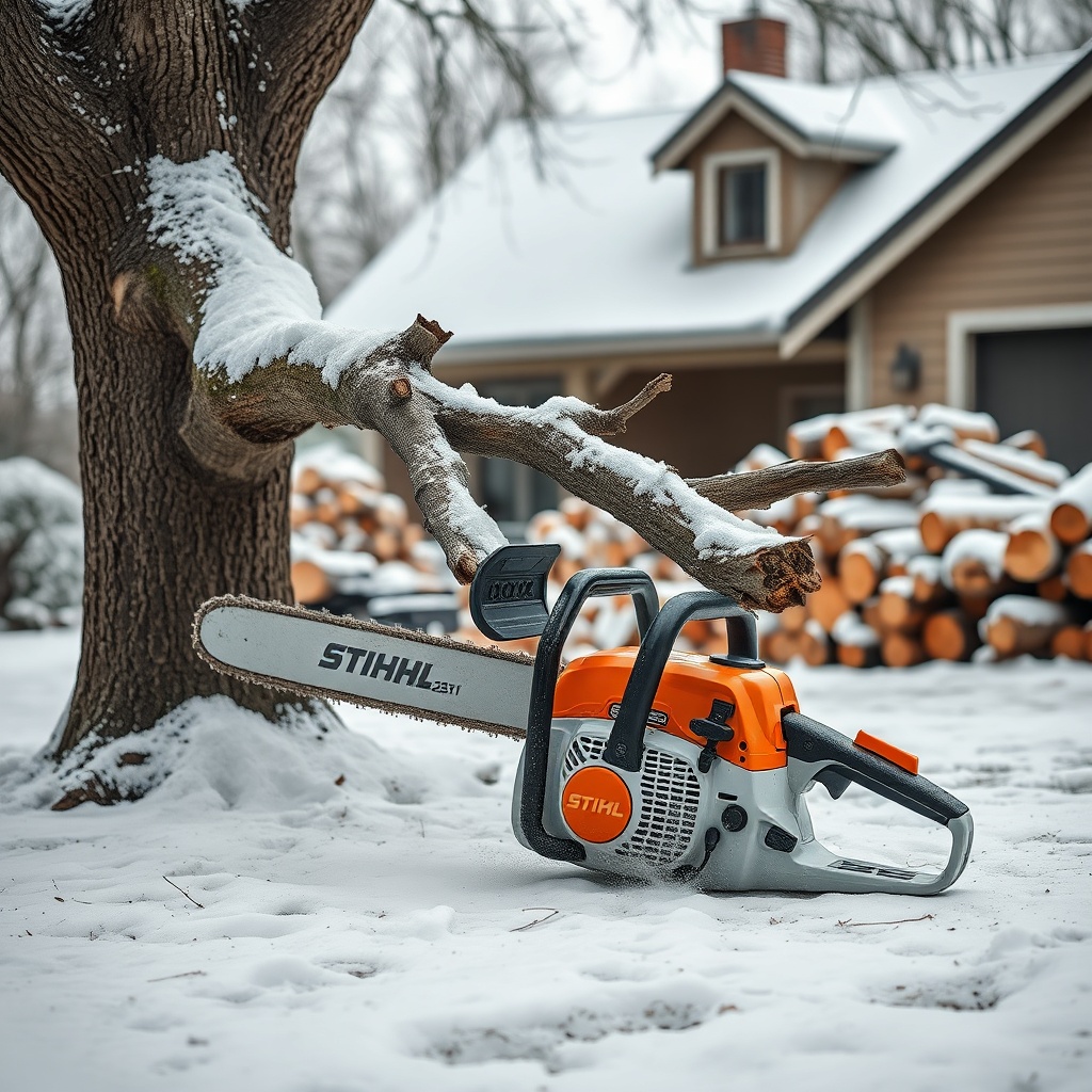A photorealistic scene of a Stihl MS 251 on a snowy driveway